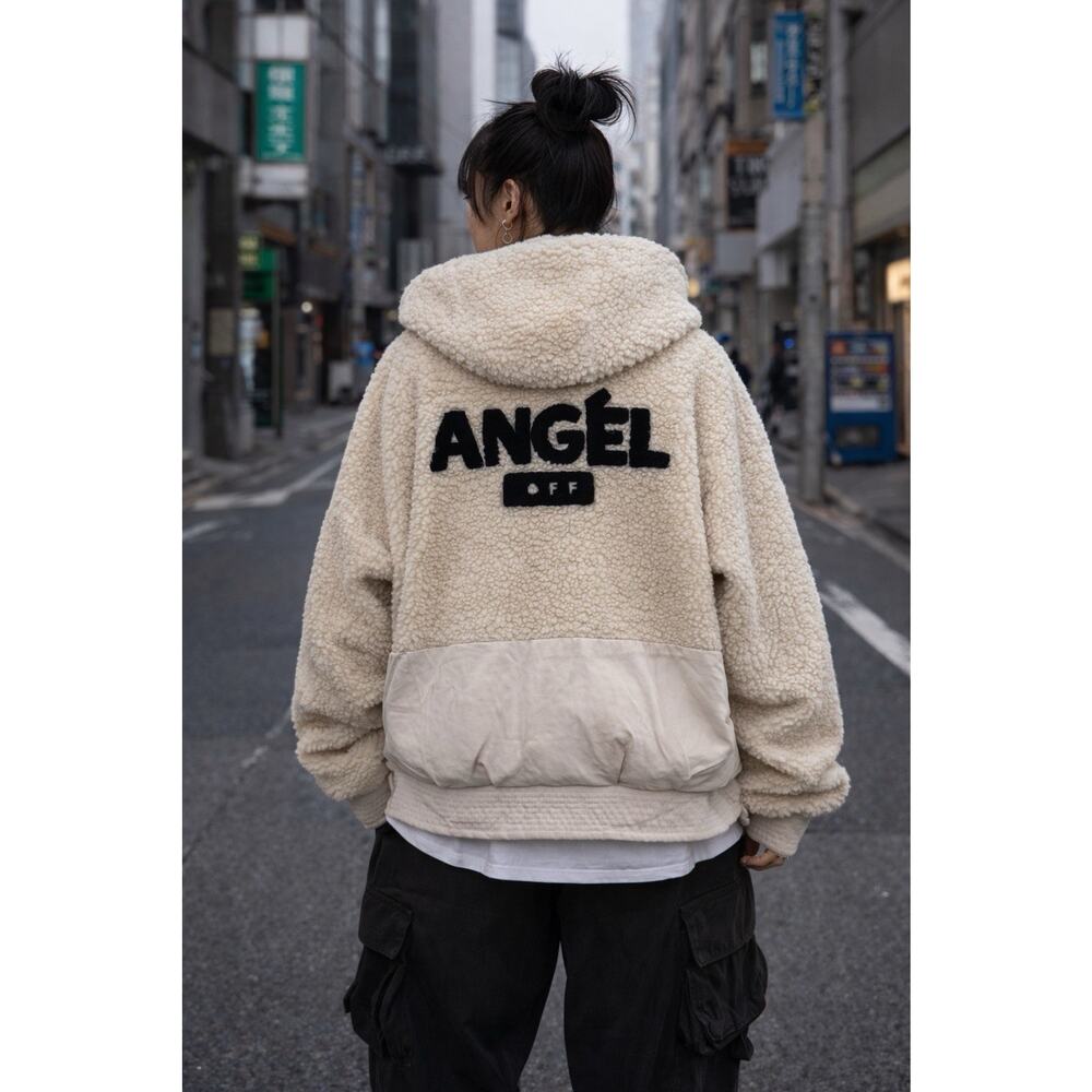 ANGEL OFF Teddy Sherpa Hooded Zip Up Jacket Beige Urban Streetwear Unisex Size L